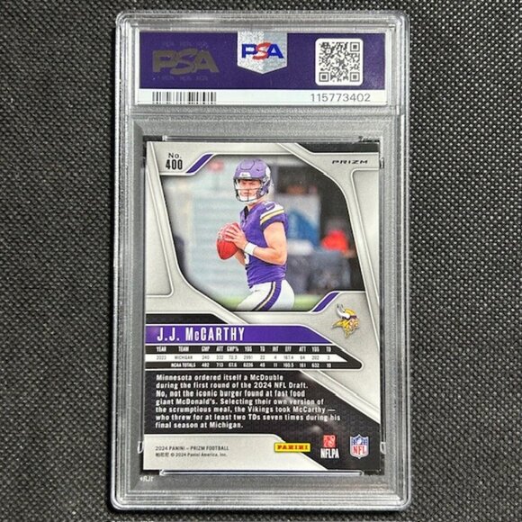 2024 PANINI PRIZM LAZER PRIZM #400 JJ MCCARTHY ROOKIE RC PSA 9 MINT VIKINGS - Picture 2 of 2